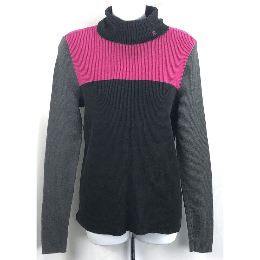 Vintage Ralph Lauren Turtleneck Sweater L BLK Pink Colorblock Longsleeve Classic